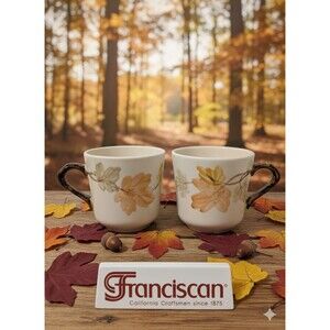 2- Franciscan OCTOBER Grand Mugs, Hand Painted Fall Autumn Leaves VTG 1970/80's